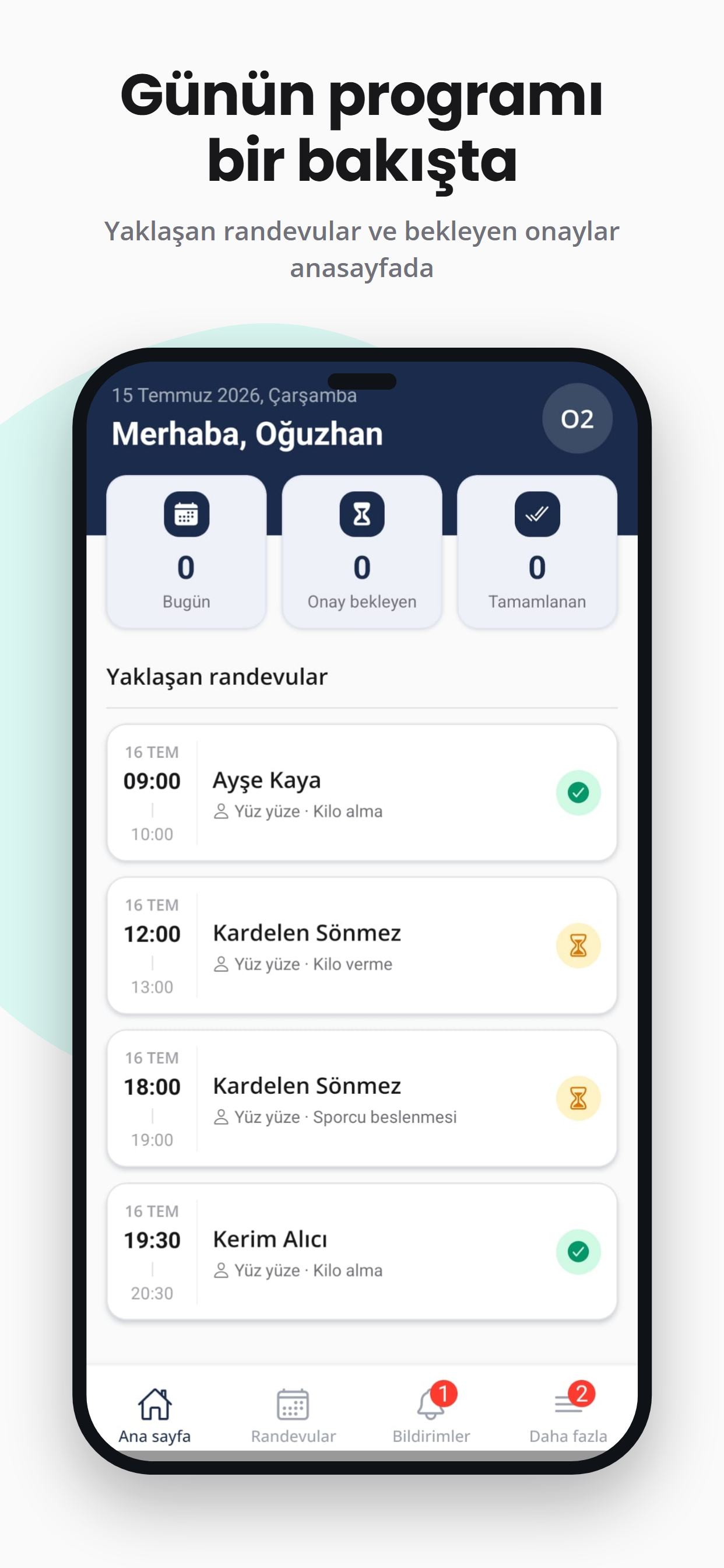 Ana sayfada günün programı: yaklaşan randevular ve bekleyen onaylar