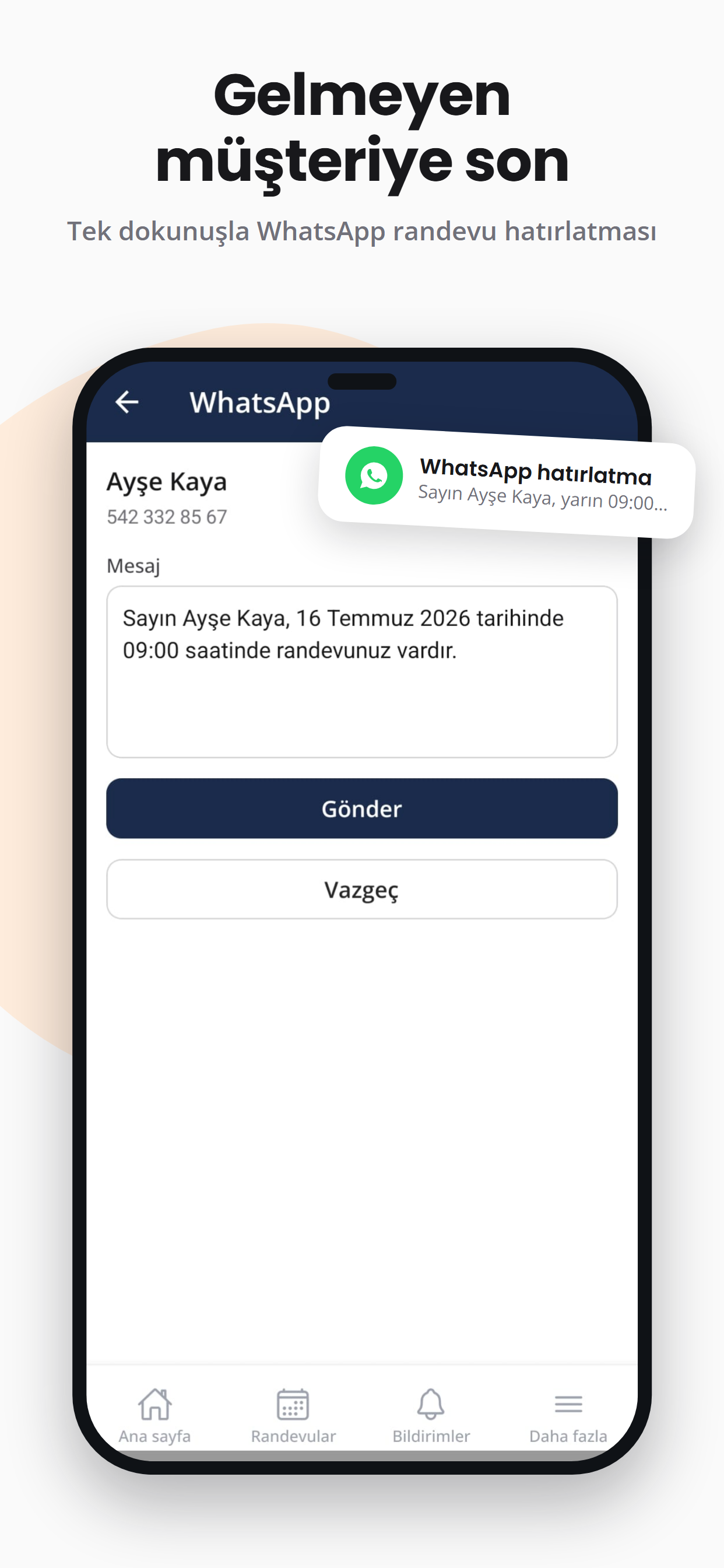 Tek dokunuşla WhatsApp randevu hatırlatması gönderme ekranı