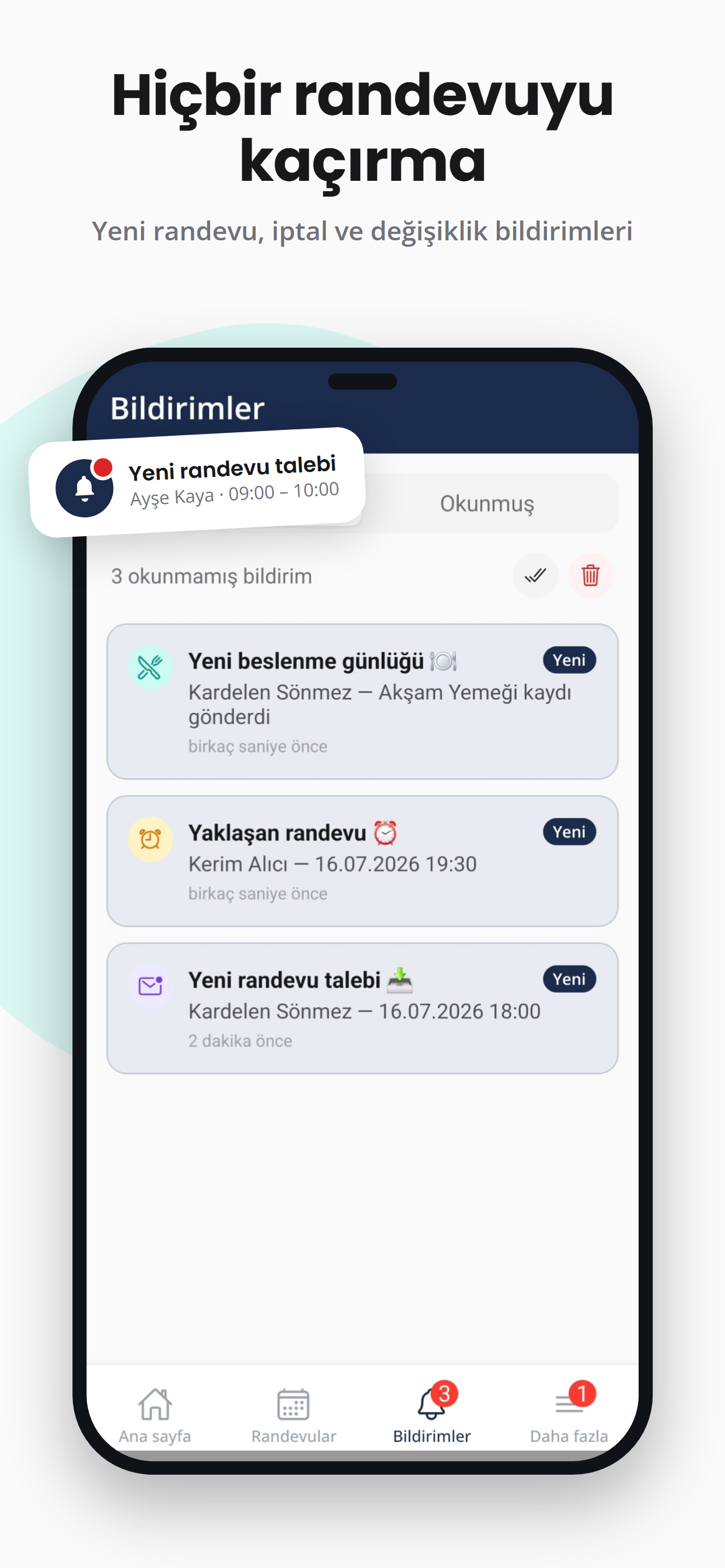 Bildirimler ekranı: yeni randevu, iptal ve değişiklik bildirimleri